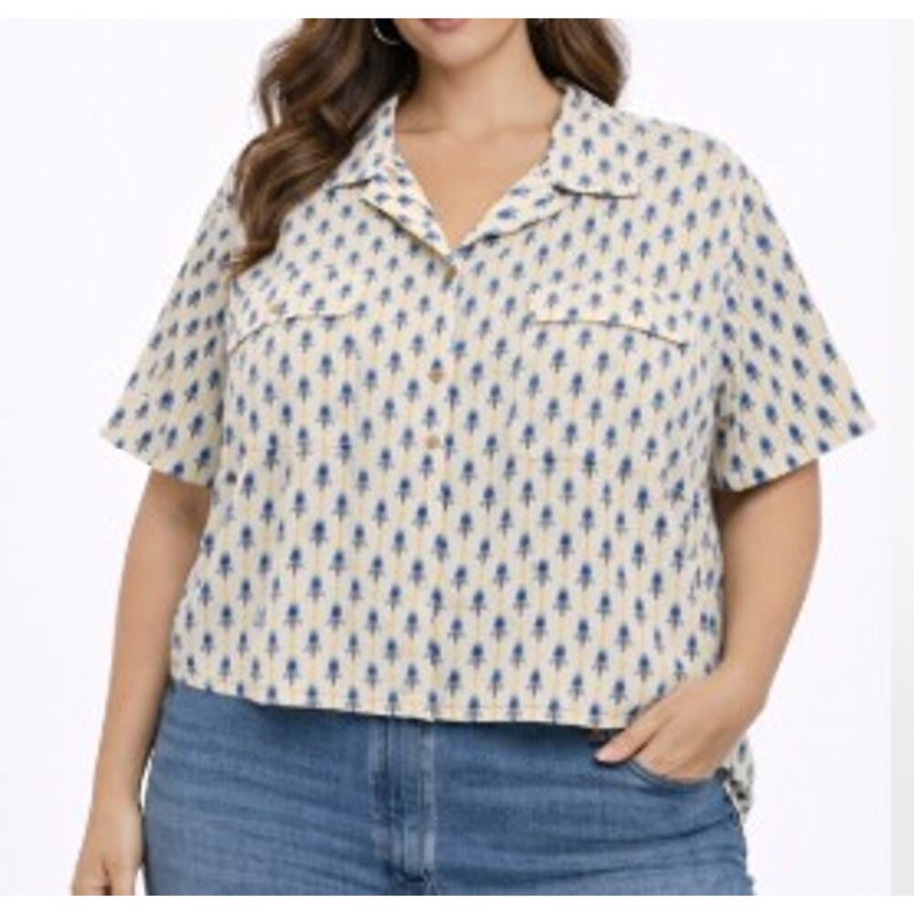 Duluth Trading Co Artisan Top Womens 2X White Blue Paw Hemp Organic Cotton Shirt